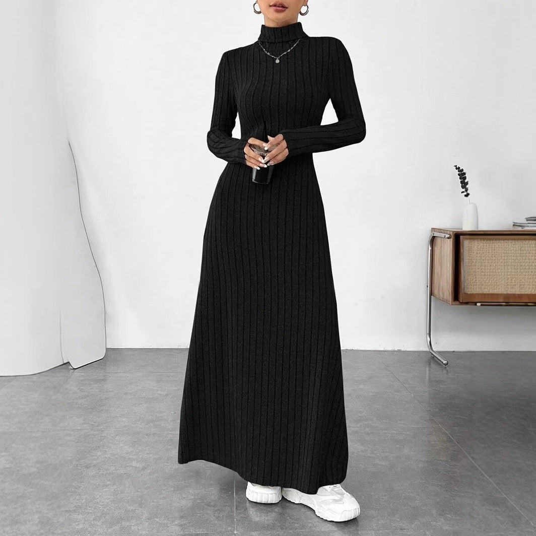 Women's Ribbed Turtleneck Long Sleeve A-Line Maxi Dress