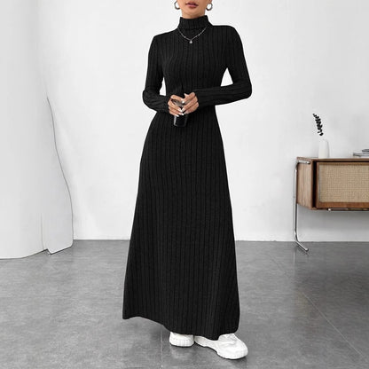Women's Ribbed Turtleneck Long Sleeve A-Line Maxi Dress