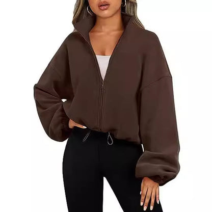 Womens Oversized Fleece Zip Up Jacket Stand Collar Cropped