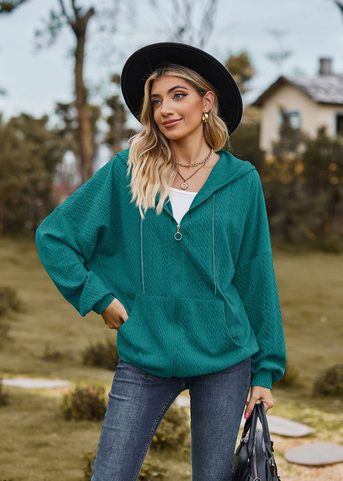 Oversized Textured Zip-Up Hoodie Jacket Pockets