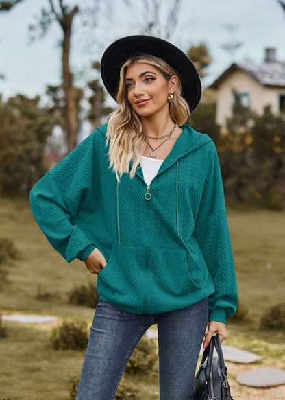 Oversized Textured Zip-Up Hoodie Jacket Pockets