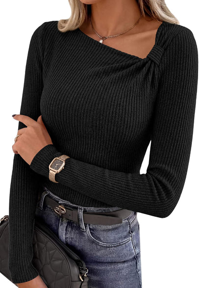 Women's Asymmetric Ribbed Knit Long Sleeve Top Knot Detail