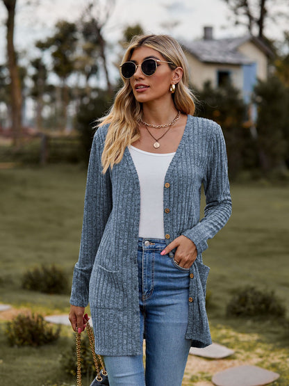 Ribbed Knit Cardigan Long Sleeve Button Pocket Sweater