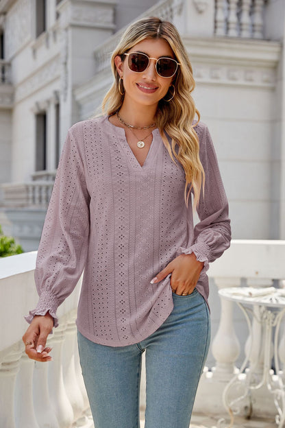 Women's Eyelet V-Neck Long Sleeve Ruffle Cuff Loose Blouse