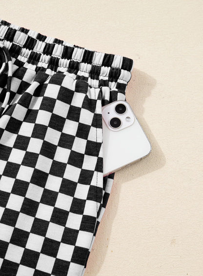 Rose Red Checkerboard Tee and Drawstring Shorts Set