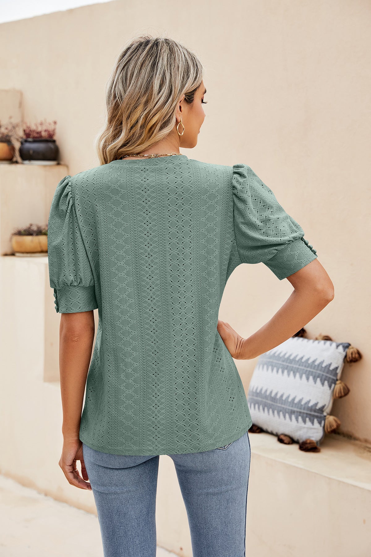 Sweet Puff Sleeve Shirt with Embroidered Cutouts