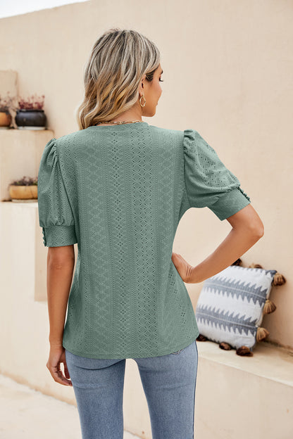 Sweet Puff Sleeve Shirt with Embroidered Cutouts