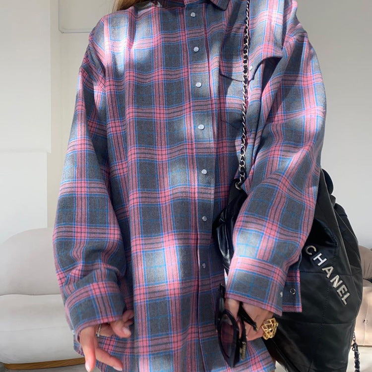 Women's Oversized Plaid Long Sleeve Button Down Shirt