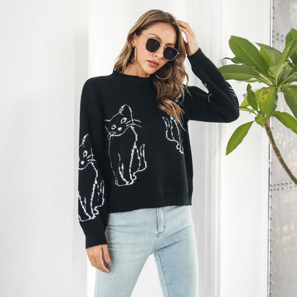 Women's Oversized Cat Graphic Sweater Crewneck Pullover