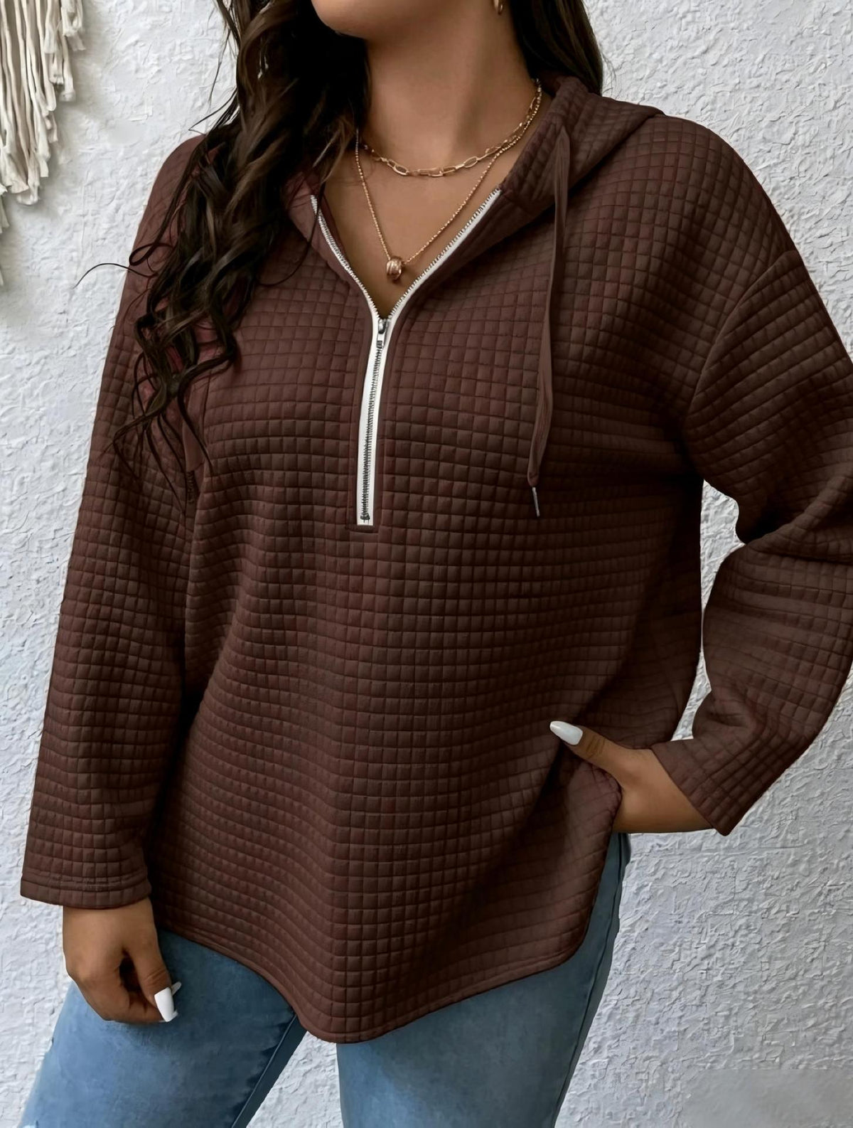 Women's Oversized Waffle Half Zip Hoodie with Pockets