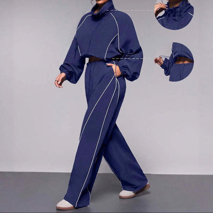 Women's Contrast Drawstring Two Piece Wide Leg Pants Set
