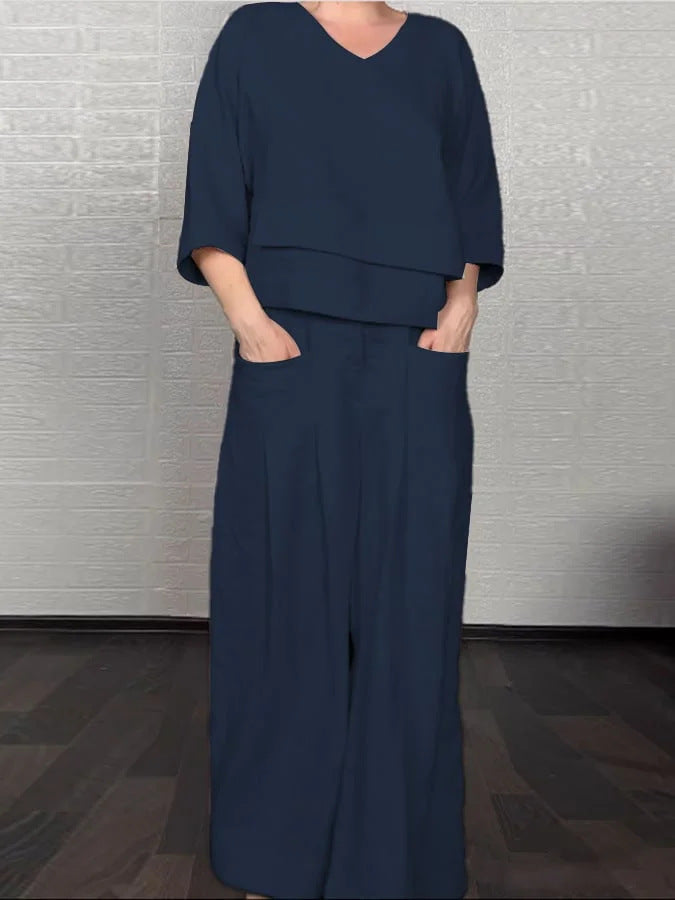 Plus Size Asymmetric Solid Matching Set Wide Leg Pants