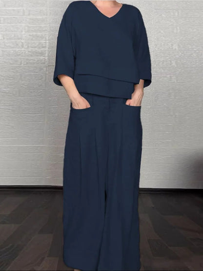 Plus Size Asymmetric Solid Matching Set Wide Leg Pants