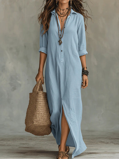 Women's Casual Collared Maxi Shirt Dress Front Slit