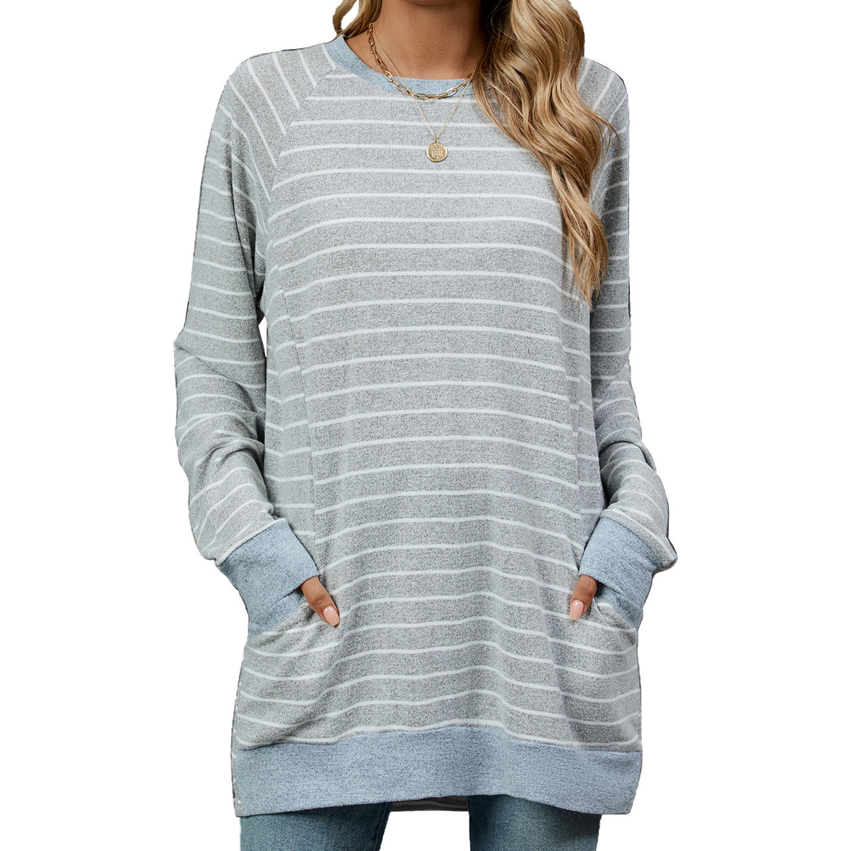 Women's Striped Color Block Long Sleeve Pocket Tunic