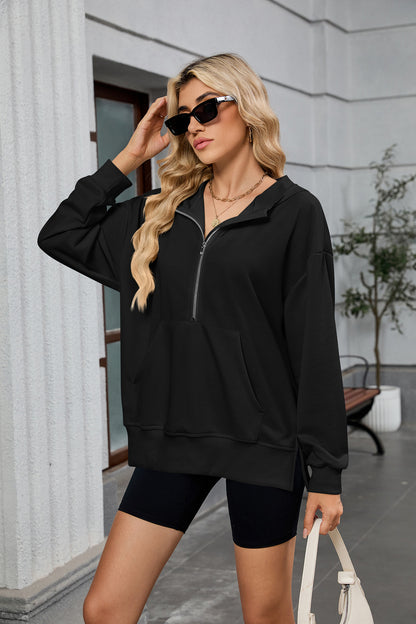 Womens Half Zip Hoodie Oversized Pocket Sweatshirt