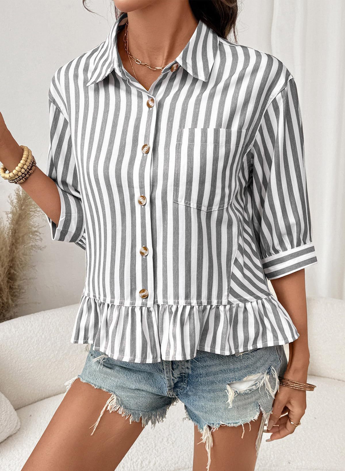 Striped Button Down Ruffle Hem 3/4 Sleeve Blouse