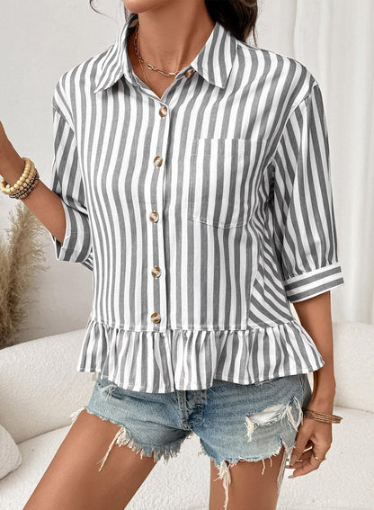 Striped Button Down Ruffle Hem 3/4 Sleeve Blouse