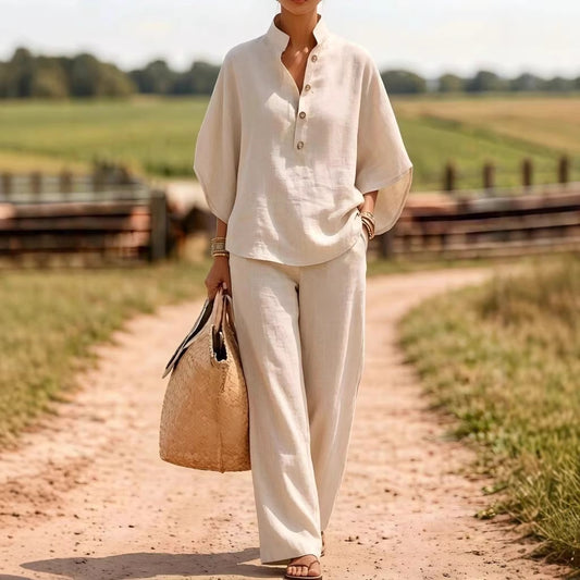 Solid linen blend shirt and wide leg pants set
