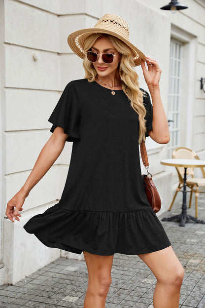 Solid Knit Dress Loose Fit Ruffle Hem Casual Mini
