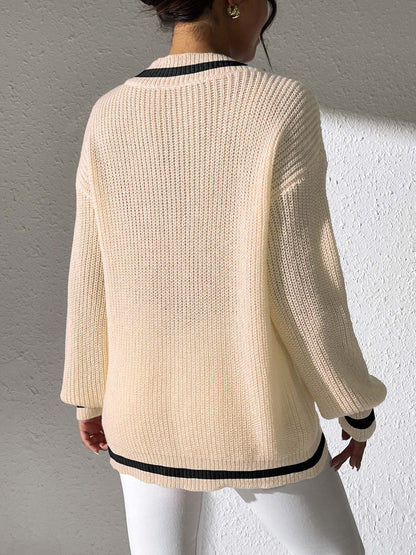Preppy Colorblock V-Neck Loose Knit Sweater