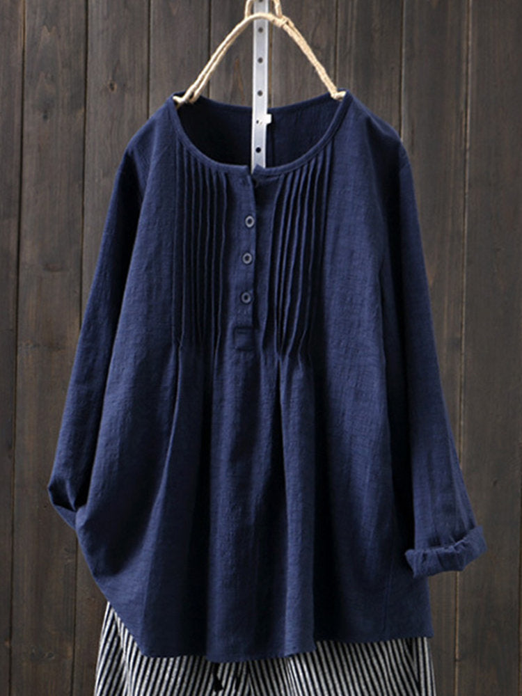 Women's Cotton Linen Pleated Blouse Plus Size Top