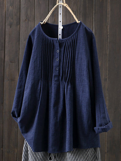 Women's Cotton Linen Pleated Blouse Plus Size Top