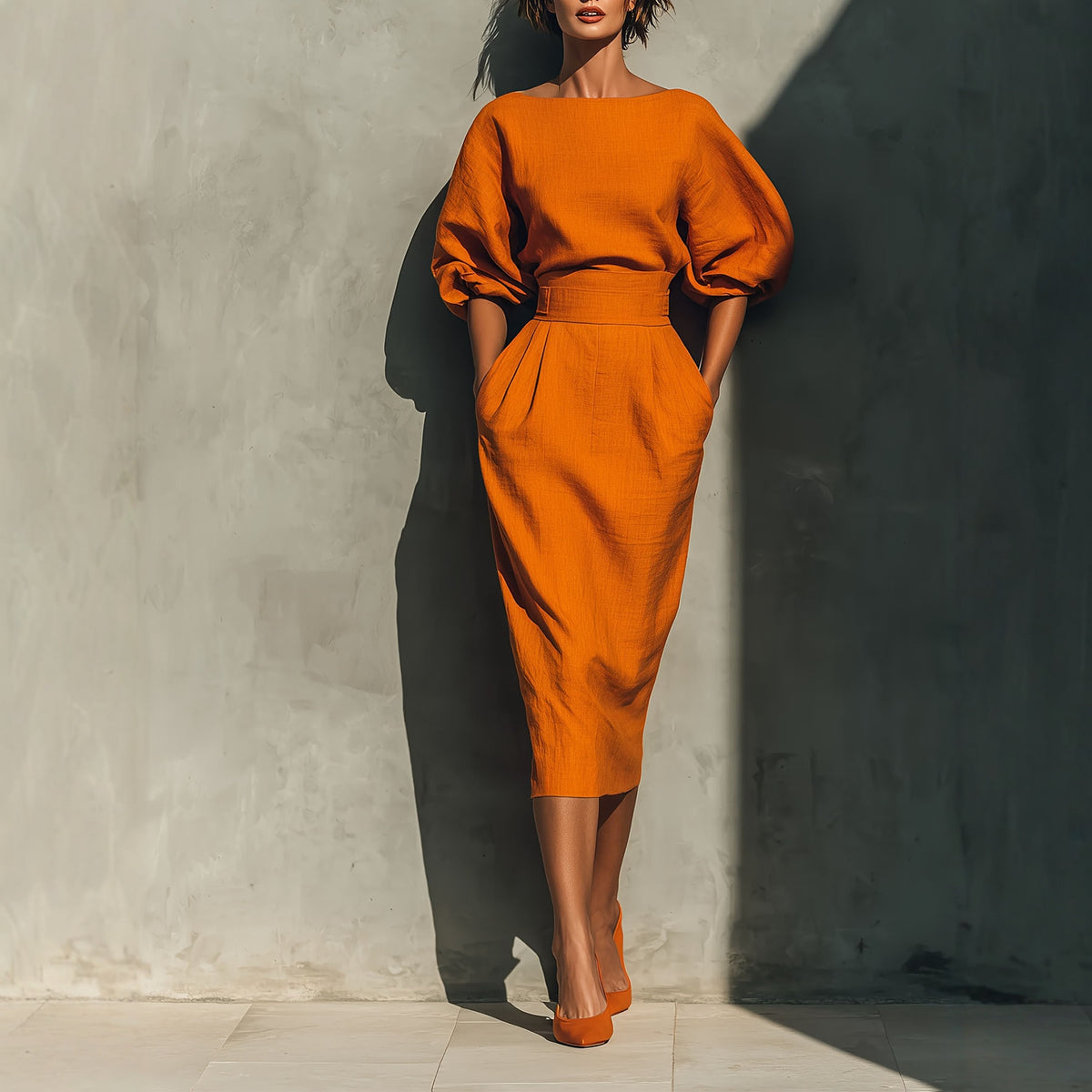 Women's Vintage Boat Neck Puff Sleeve Midi Dress