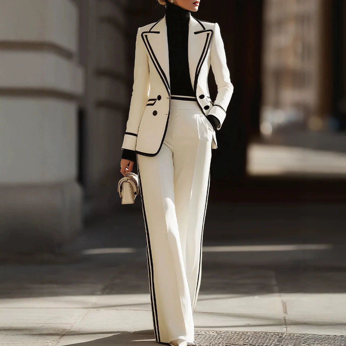 Women's Contrast Trim Blazer Wide Leg Pants Suit Set