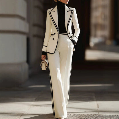 Women's Contrast Trim Blazer Wide Leg Pants Suit Set