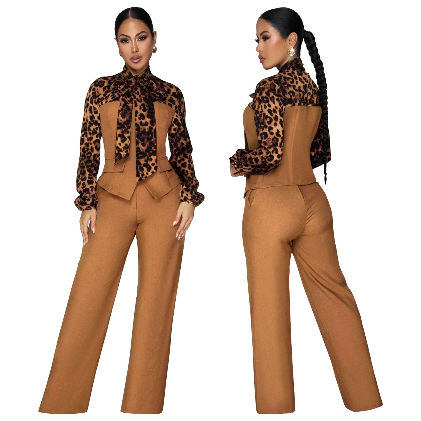 Leopard Print Tie Neck Blouse & Wide Leg Pants Set