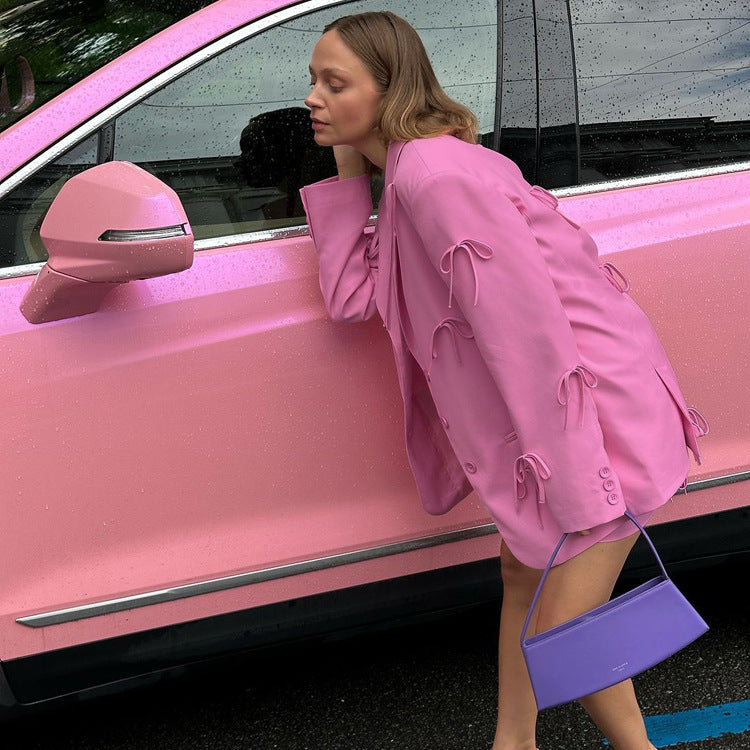 Women's Pink Bow Detail Oversized Casual Blazer