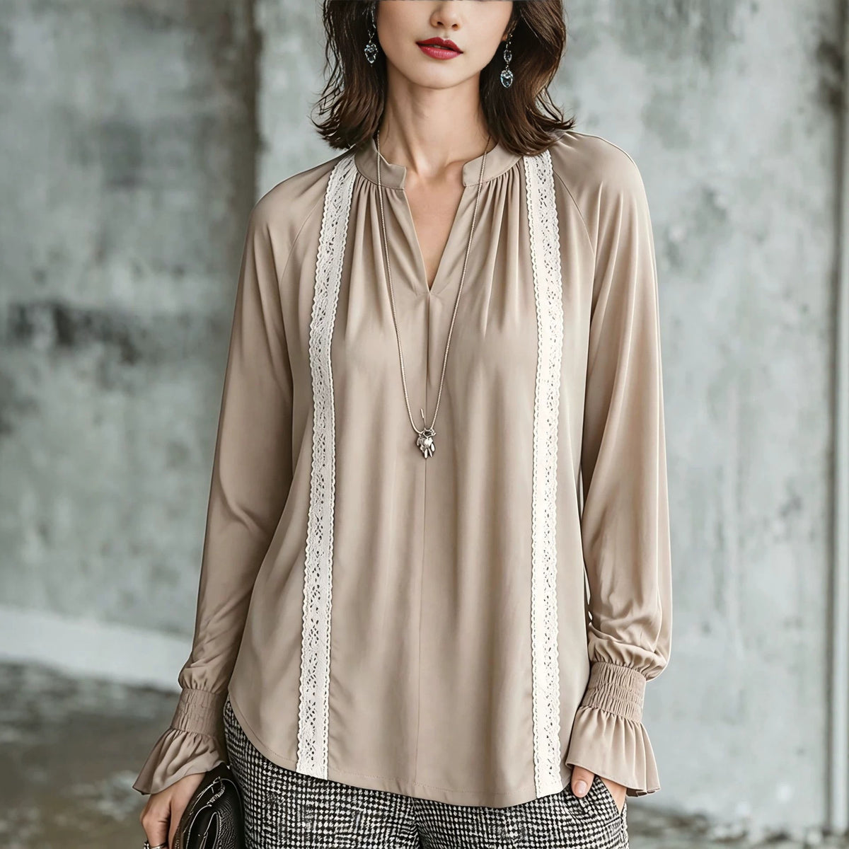 Women's Satin Lace Trim V-Neck Long Sleeve Blouse