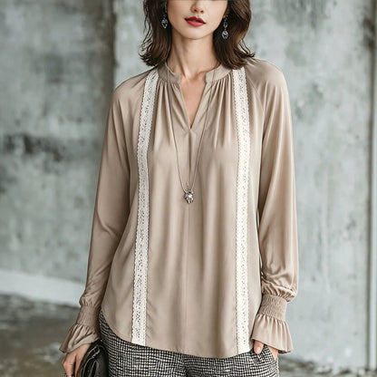 Women's Satin Lace Trim V-Neck Long Sleeve Blouse