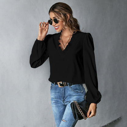 Ruffle V Neck Blouse Puff Sleeve Office Top