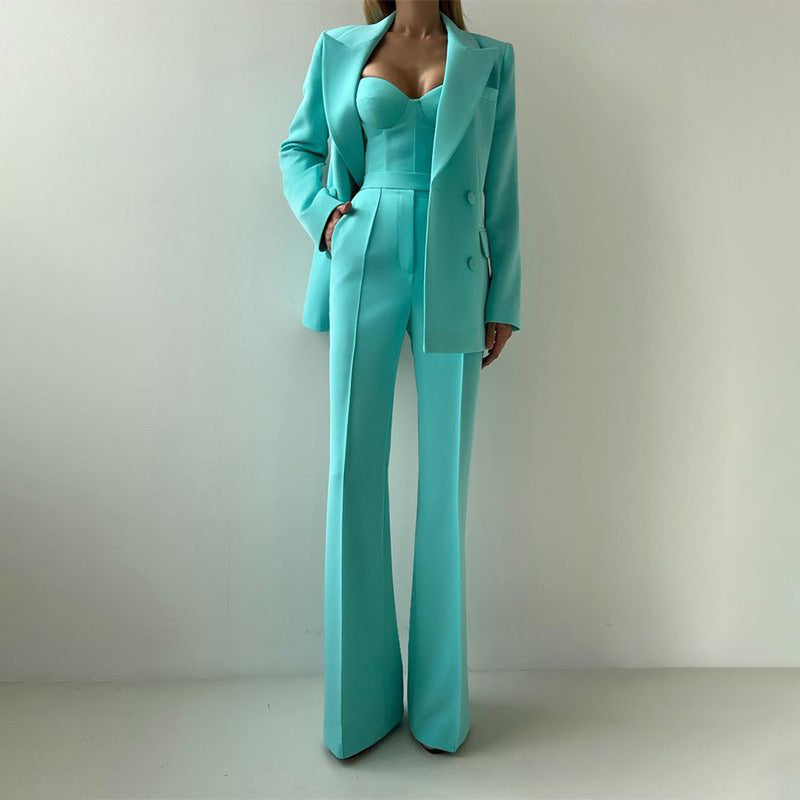 Women's 3 Piece Blazer Bustier Top Wide Leg Pants Set