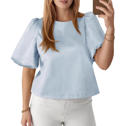 Satin Puff Sleeve Blouse Elegant Dressy Casual Top