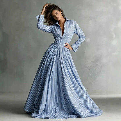 Striped Maxi Shirt Dress Long Sleeve Button Down High Waist
