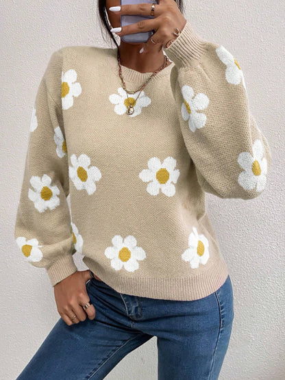 Women's Daisy Floral Long Sleeve Crew Neck Knit Sweater