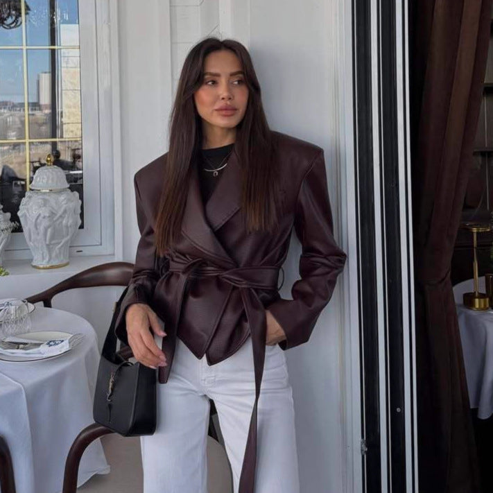 Belted Faux Leather Jacket Women Moto Blazer