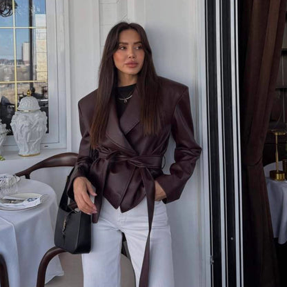 Belted Faux Leather Jacket Women Moto Blazer
