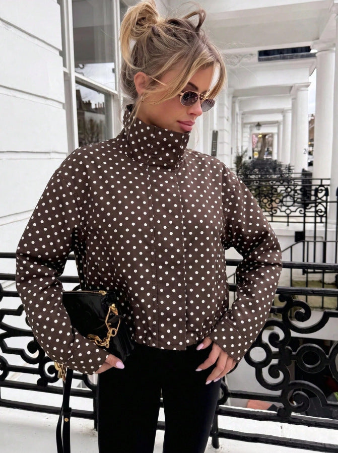 Polka Dot Zip Jacket Stand Collar Pocket Loose Coat