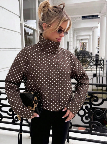 Polka Dot Zip Jacket Stand Collar Pocket Loose Coat