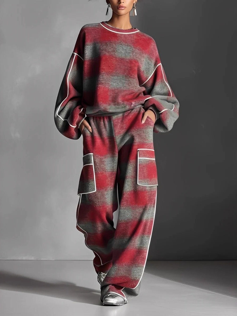 Women's Plaid Piping Oversized Sweatshirt & Pants Set