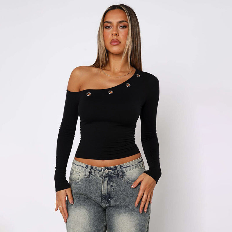 Sexy One Shoulder Grommet Crop Top Long Sleeve