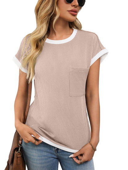 Women's Ribbed Color Block Pocket Tee Short Sleeve