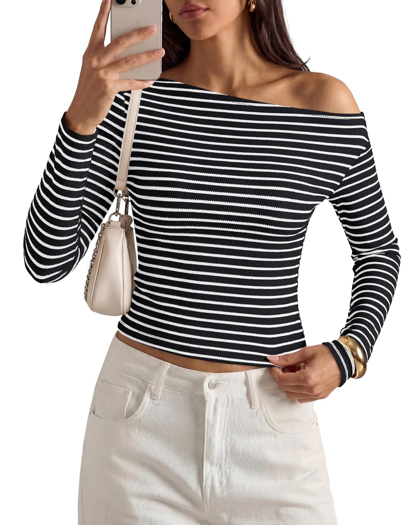 Off Shoulder Striped Long Sleeve Ribbed Knit Top Women