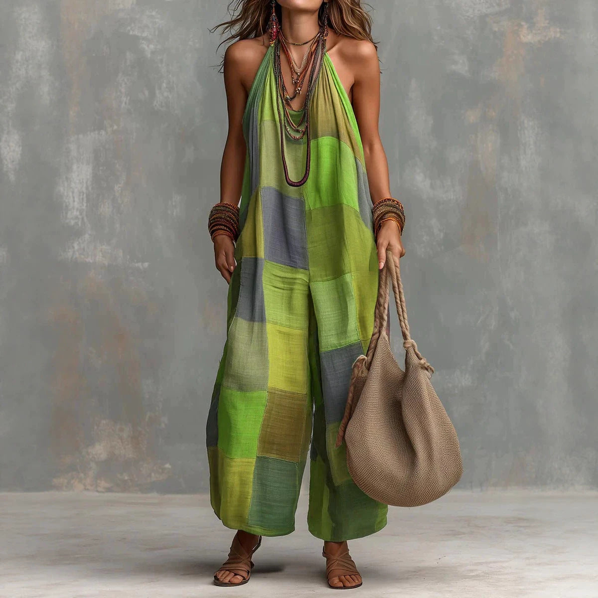 Women's Boho Colorblock Wide Leg Jumpsuit