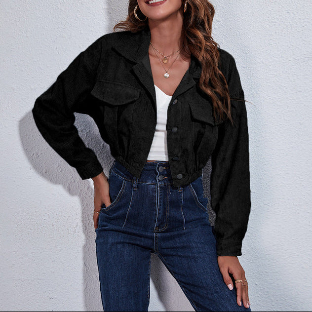 Women's Corduroy Jacket Cropped Elastic Waist Pockets