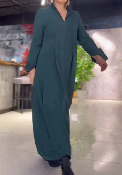 Women's Casual V Neck Long Sleeve Maxi Dress with Pockets